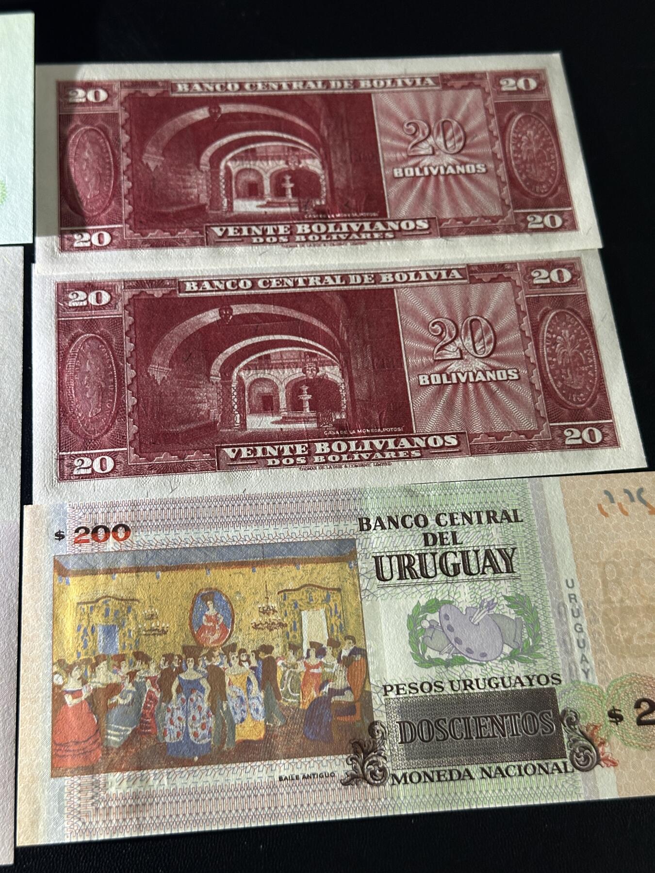《外钞收藏家》第五百七十五期（本期精选丰富品种好货、欢迎参加）（本平台长期征集拍品、欢迎藏友们联系合作） 乌拉圭四张+玻利维亚2张一起 全新UNC