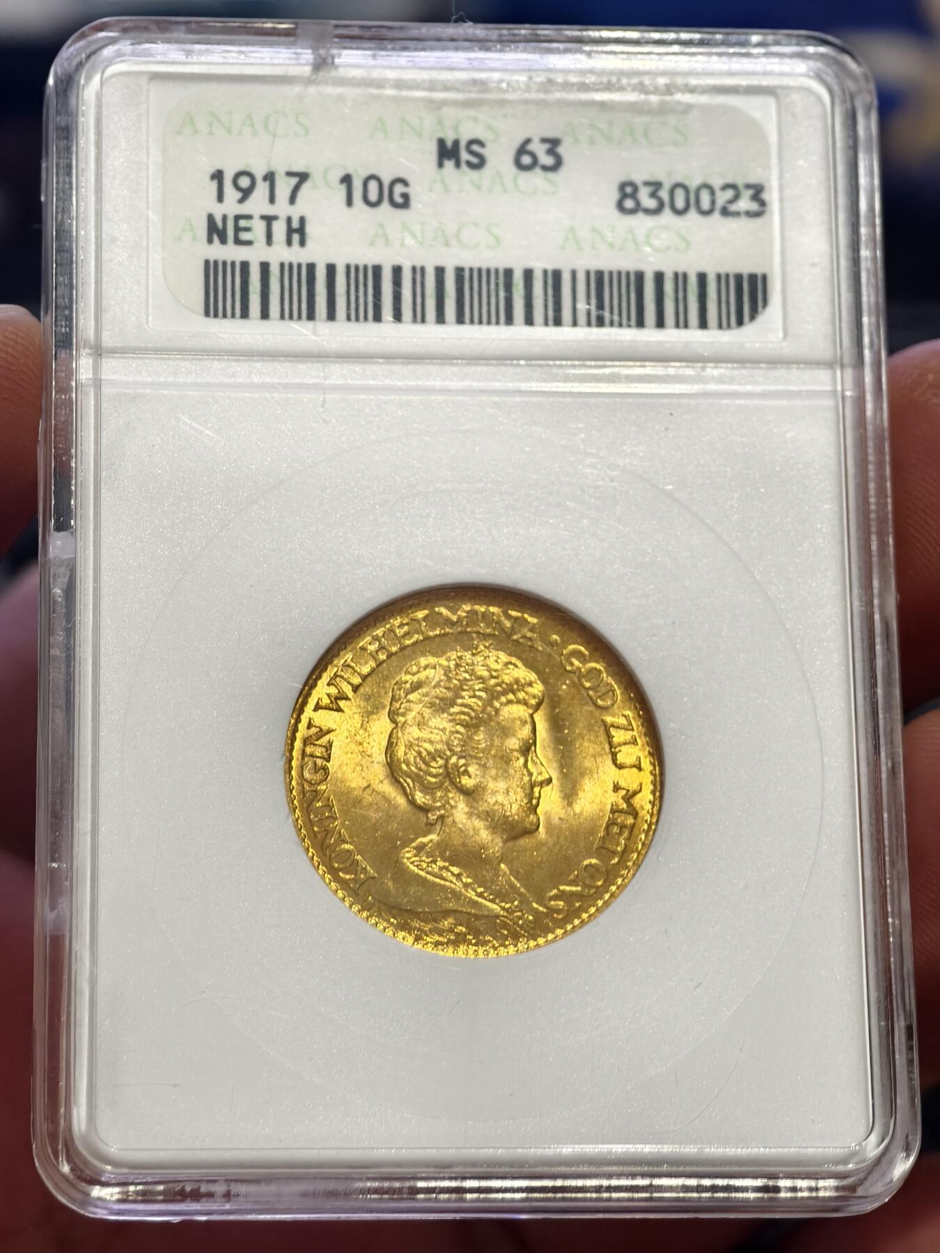 ANACS-MS63荷兰1917年威廉明娜女王10盾金币