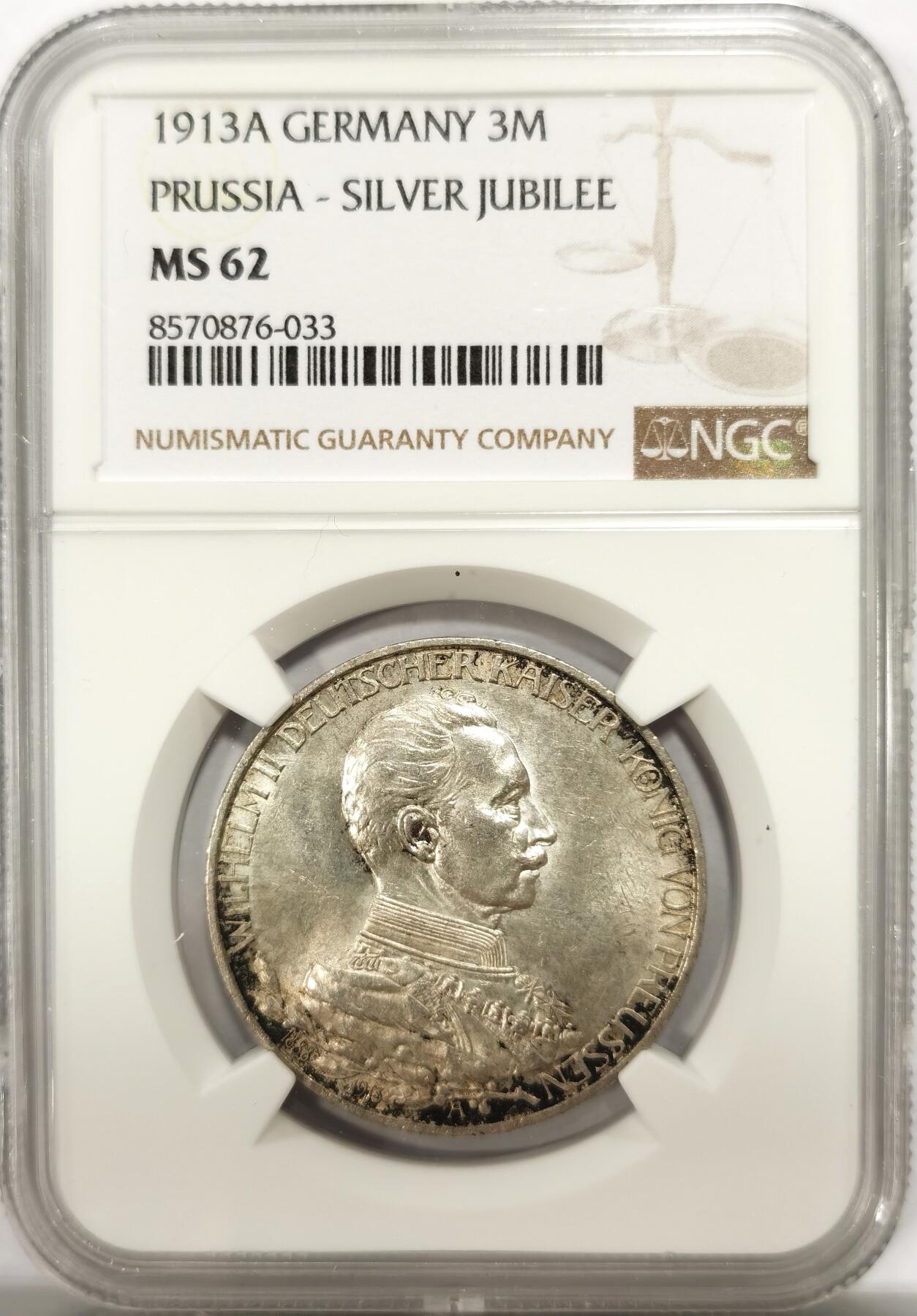 博洋堂世界钱币拍卖第143期（全场包邮） NGC MS62 德国普鲁士1913A军装3马克银币，曝光状态，光度嘎嘎好，略有低评