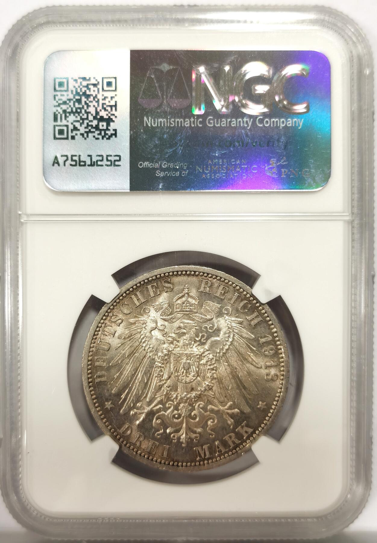 博洋堂世界钱币拍卖第143期（全场包邮） NGC MS62 德国普鲁士1913A军装3马克银币，曝光状态，光度嘎嘎好，略有低评