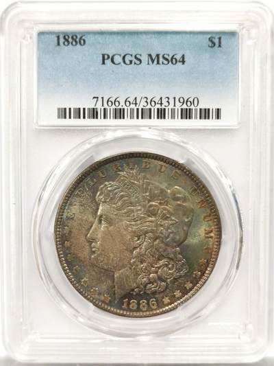 博洋堂世界钱币拍卖第143期（全场包邮） - PCGS MS64 美国1886年摩根银币P版，原汁原味双面五彩老包浆，包浆醇厚润泽又犀利，打制深峻，味道币味道足，状态一流。