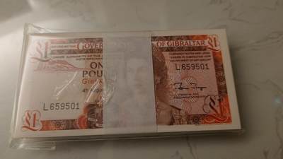免佣金～1988年直布罗陀1镑和2000年苏里南1000盾 无47号段刀拆绝品无斑  - 1988年直布罗陀1镑全新绝品号码L659501