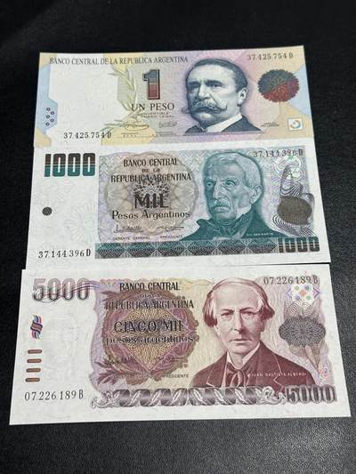 《外钞收藏家》第五百七十五期（本期精选丰富品种好货、欢迎参加）（本平台长期征集拍品、欢迎藏友们联系合作） - 阿根廷1、1000、5000比索 三张一起 全新UNC