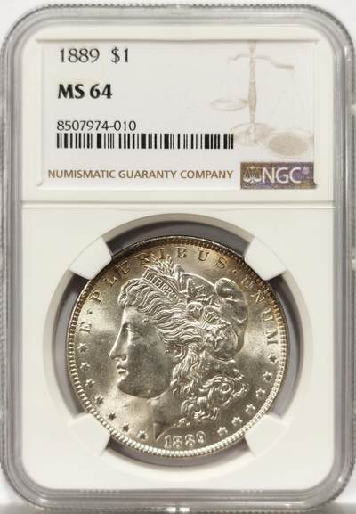 博洋堂世界钱币拍卖第143期（全场包邮） - NGC MS64 美国1889年摩根银币P版，原汁原味双面淡彩包浆，包浆醇厚，转光强烈细节优秀，状态一流，市场上比较稀少年份版本的摩根币。