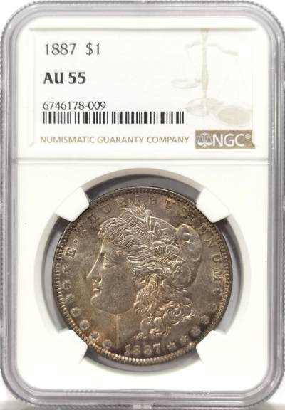 博洋堂世界钱币拍卖第143期（全场包邮） - NGC AU55 美国1887年摩根银币P版，原汁原味双面五彩老包浆，包浆醇厚浓郁，转光强烈细节优秀，状态极佳。味道币味道足，酱彩锋利感十足。严重低估错杀，状态和品质绝对不输MS级。
