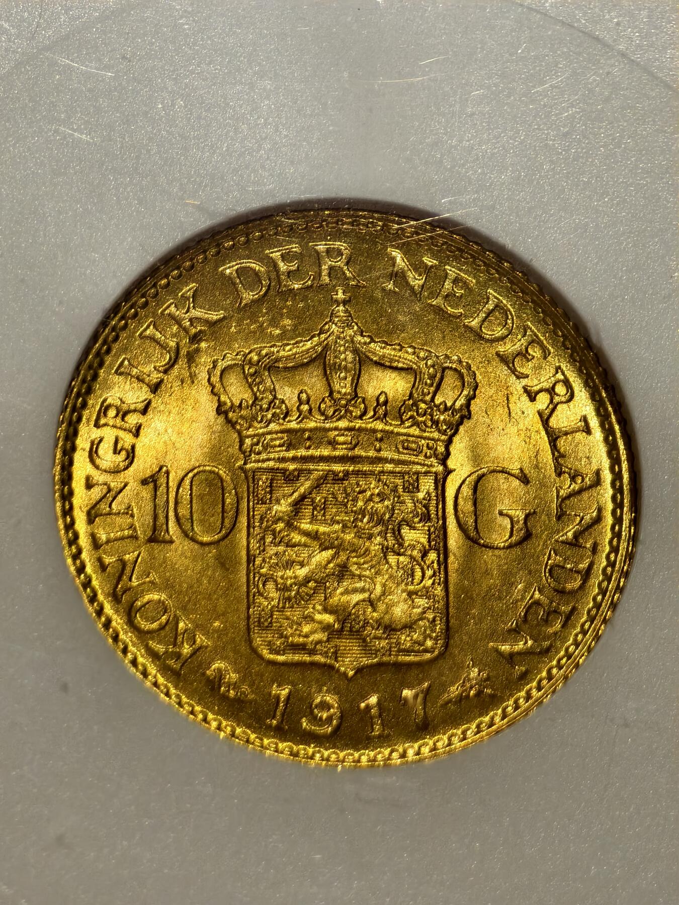 ANACS-MS63荷兰1917年威廉明娜女王10盾金币