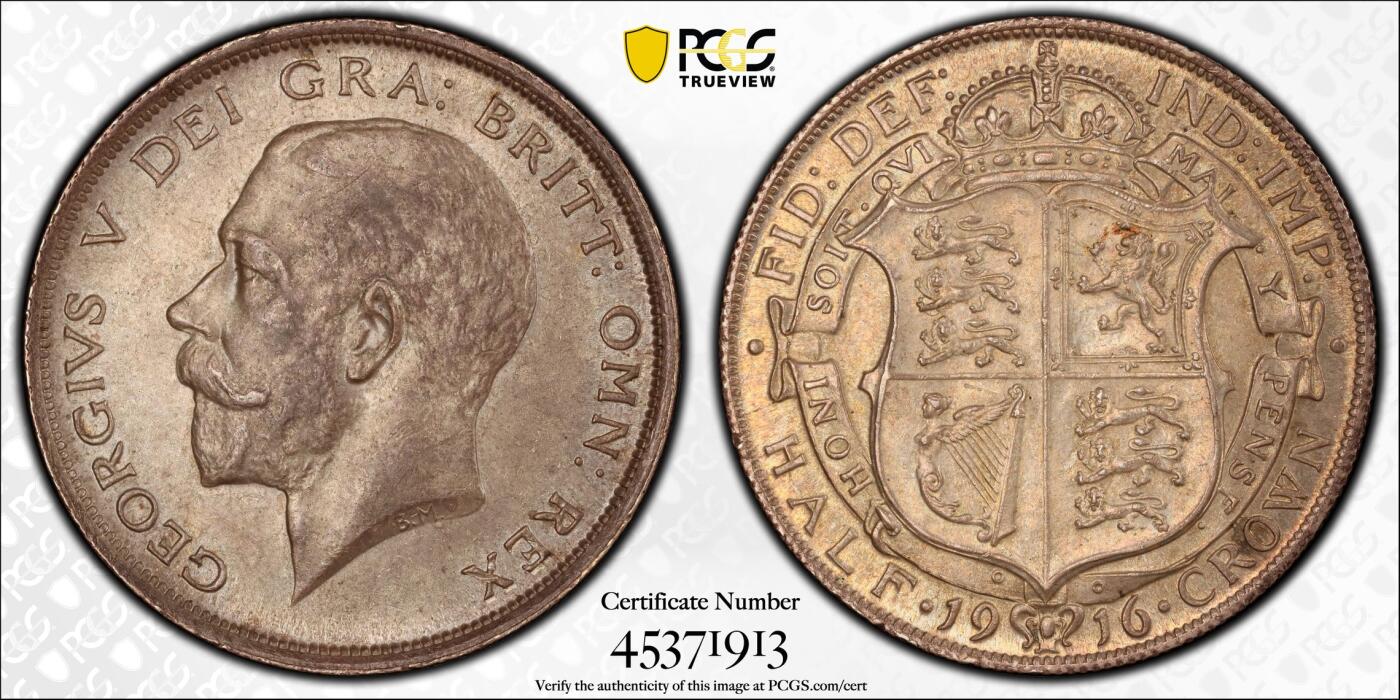 博洋堂世界钱币拍卖第143期（全场包邮） PCGS MS63 英国1916年乔五半克朗银币，币面状态完美，呈现如丝绸般光泽，绝对收藏佳品