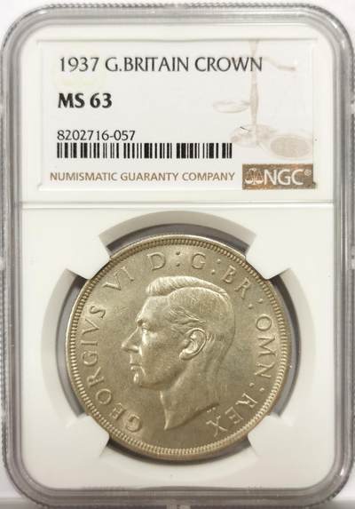 博洋堂世界钱币拍卖第143期（全场包邮） - NGC MS63 英国1937年乔治六世登基1克朗银币，原汁原味老包浆，包浆醇厚，打制深峻，转光强烈细节优秀，状态极佳。