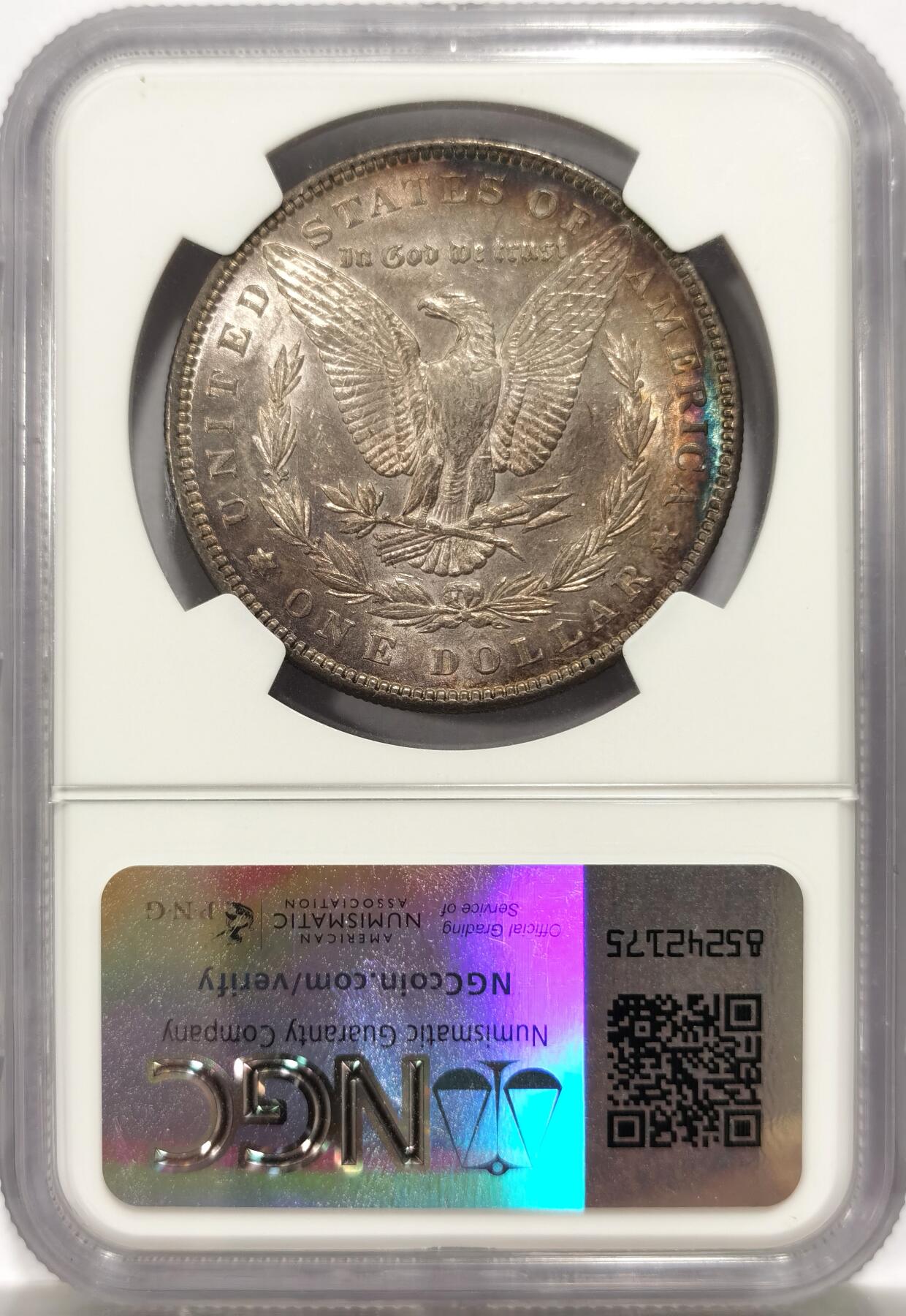博洋堂世界钱币拍卖第143期（全场包邮） NGC AU55 美国1887年摩根银币P版，原汁原味双面五彩老包浆，包浆醇厚浓郁，转光强烈细节优秀，状态极佳。味道币味道足，酱彩锋利感十足。严重低估错杀，状态和品质绝对不输MS级。