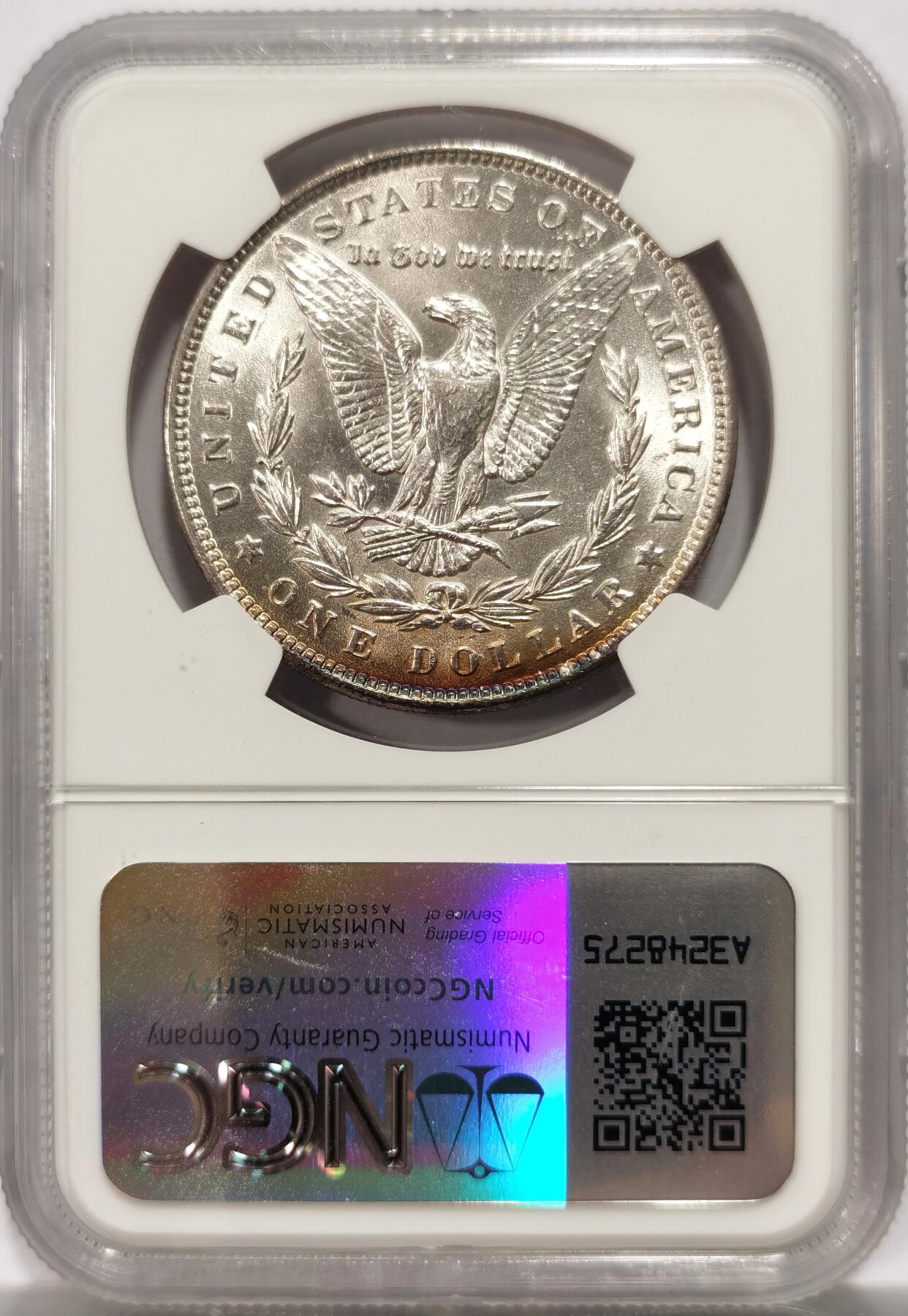 博洋堂世界钱币拍卖第143期（全场包邮） NGC MS64 美国1889年摩根银币P版，原汁原味双面淡彩包浆，包浆醇厚，转光强烈细节优秀，状态一流，市场上比较稀少年份版本的摩根币。