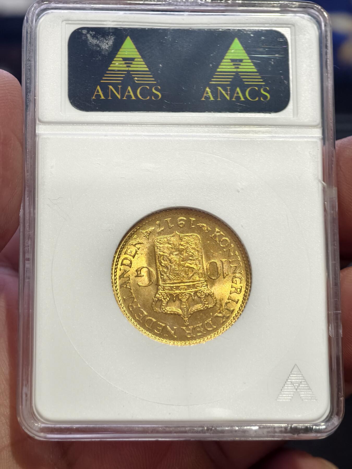 ANACS-MS63荷兰1917年威廉明娜女王10盾金币