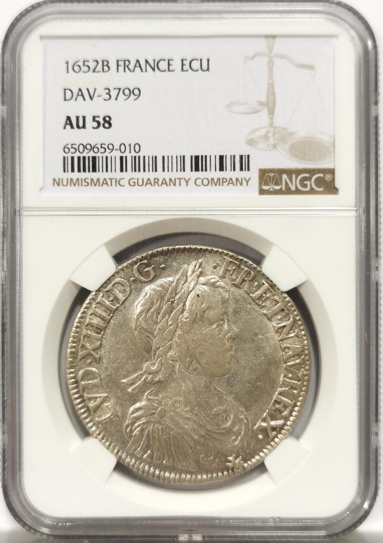 博洋堂世界钱币拍卖第143期（全场包邮） NGC AU58 法国1652年路易十四儿童版银币，将近四百年的老银币，银光充沛，状态一流，目前法国币价格洼地，性价比极高