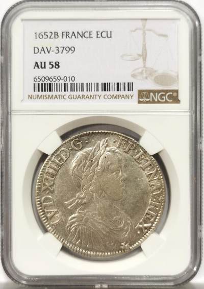 博洋堂世界钱币拍卖第143期（全场包邮） - NGC AU58 法国1652年路易十四儿童版银币，将近四百年的老银币，银光充沛，状态一流，目前法国币价格洼地，性价比极高