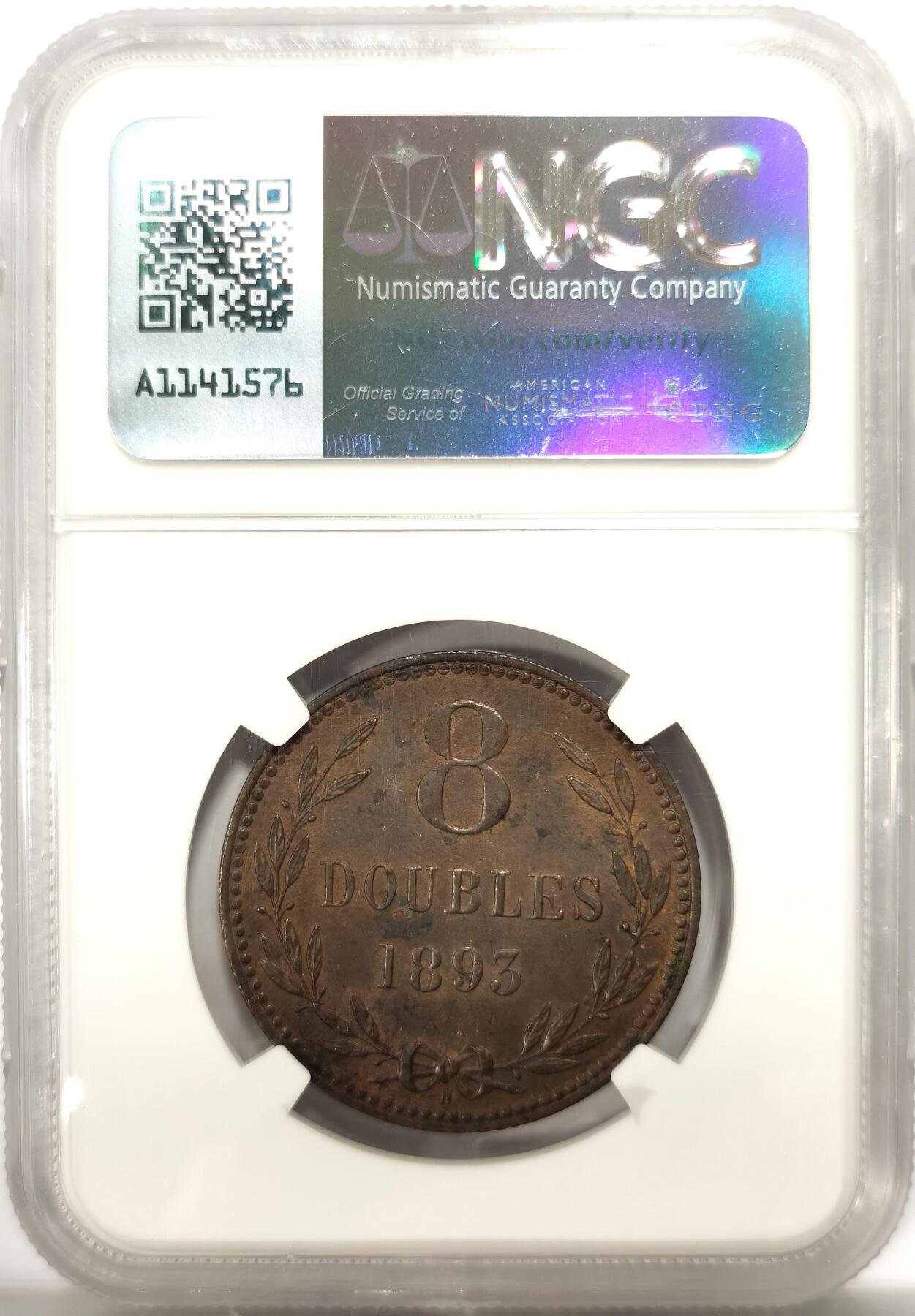 博洋堂世界钱币拍卖第143期（全场包邮） NGC MS63BN 根西岛1893年H版8道布铜币，比本土的大铜少见一些，铜光诱人