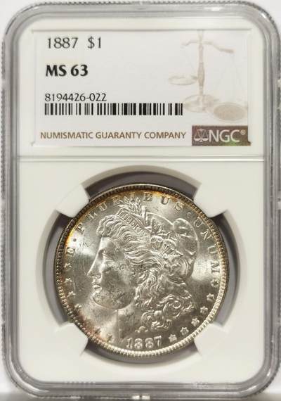 博洋堂世界钱币拍卖第143期（全场包邮） - NGC MS63 美国1887年摩根大银币，带点环彩