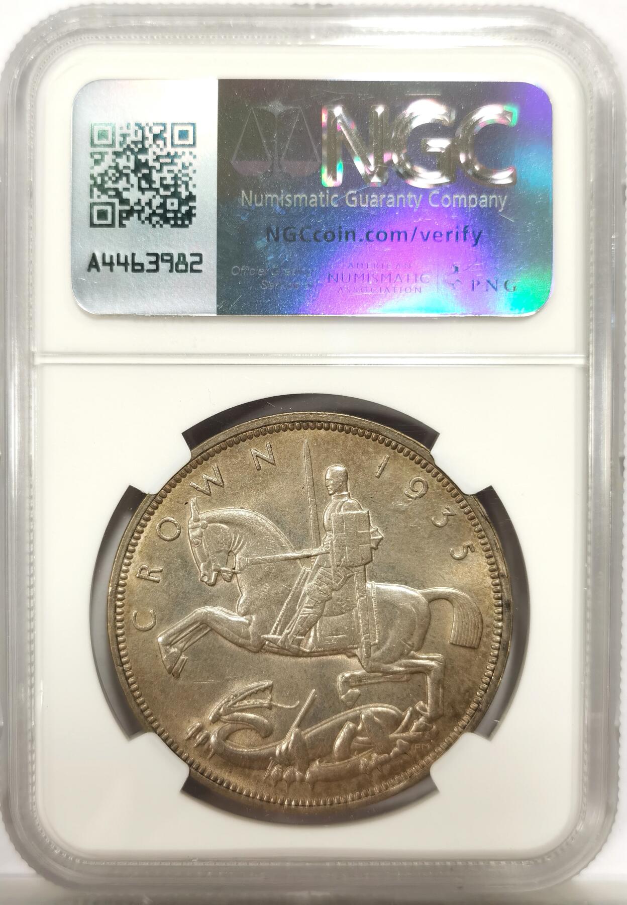 博洋堂世界钱币拍卖第143期（全场包邮） NGC MS63 英国1935木马剑银币，原色银光，状态优良