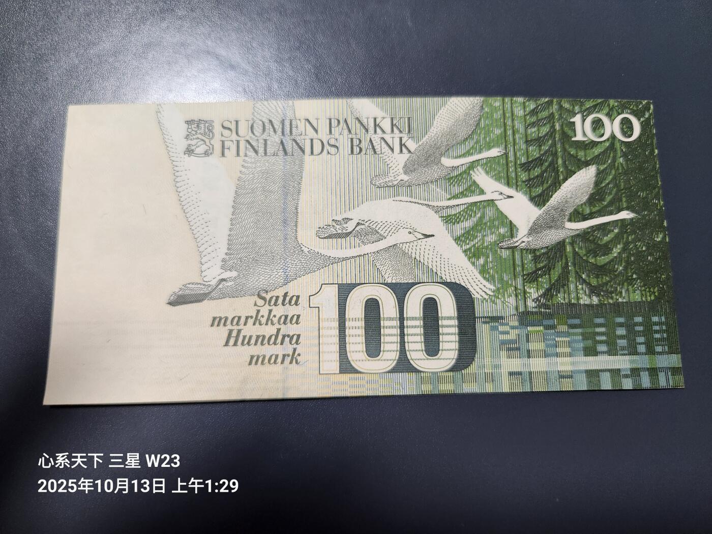 10月16号晚上8点 外国纸币自动截拍第43场 几乎全新  芬兰1986年100马克 Litt.A版