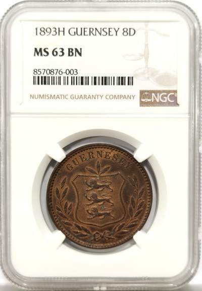 博洋堂世界钱币拍卖第143期（全场包邮） - NGC MS63BN 根西岛1893年H版8道布铜币，比本土的大铜少见一些，铜光诱人