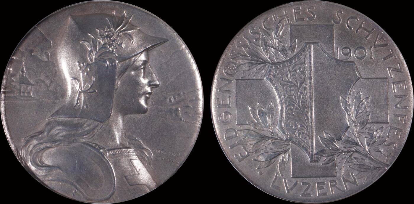 南京三省2025年秋季拍卖会 1901年瑞士卢塞恩射击节女神大银章/ NGC MS63/ 6763147-013