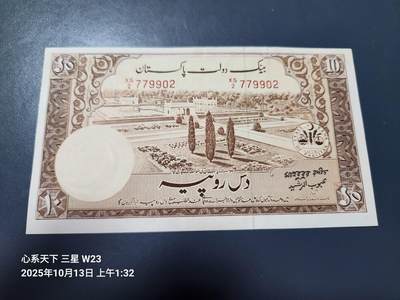 10月16号晚上8点 外国纸币自动截拍第43场 - 巴基斯坦 1951年10卢比 近新 无针眼 稀少