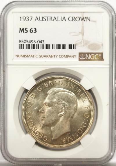 博洋堂世界钱币拍卖第143期（全场包邮） - NGC MS63 澳大利亚1937年乔治六世大皇冠1克朗银币，原汁原味黄油彩老包浆，包浆醇厚，转光强烈细节优秀，状态极佳，获得更高的评分数目才28枚。