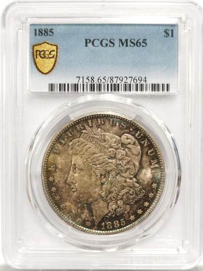 博洋堂世界钱币拍卖第143期（全场包邮） - PCGS MS65 美国1885年摩根银币P版，原汁原味双面五彩老包浆，包浆醇厚润泽又犀利，打制深峻，转光强烈细节优秀，状态一流。