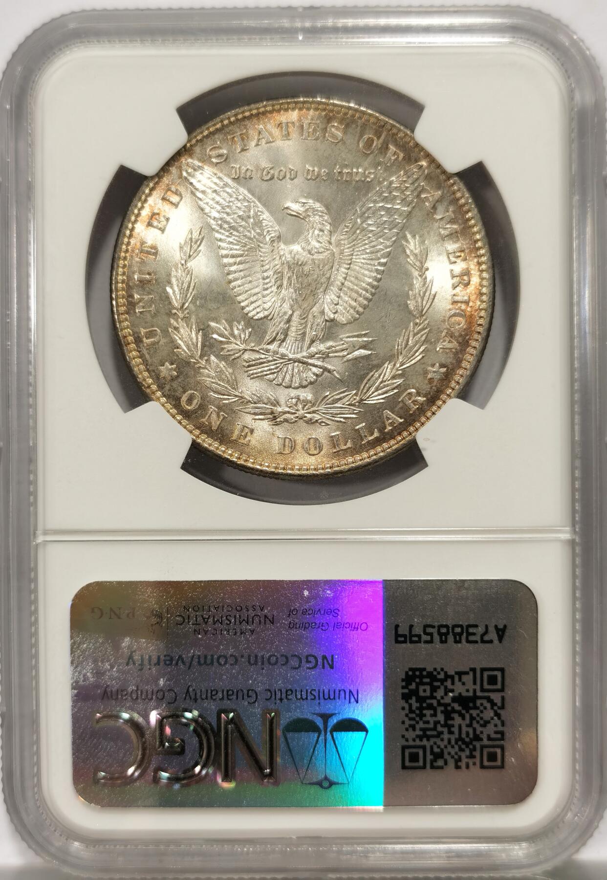博洋堂世界钱币拍卖第143期（全场包邮） NGC MS62 美国1888年摩根银币P版，原汁原味老包浆，包浆醇厚润泽又柔和，转光强烈细节优秀，状态极佳。吉祥年份吉祥寓意要发发发。