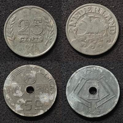 【全场包邮】纯粹捡漏拍468场 - 德占荷兰/比利时二战期间25分锌币2枚一组