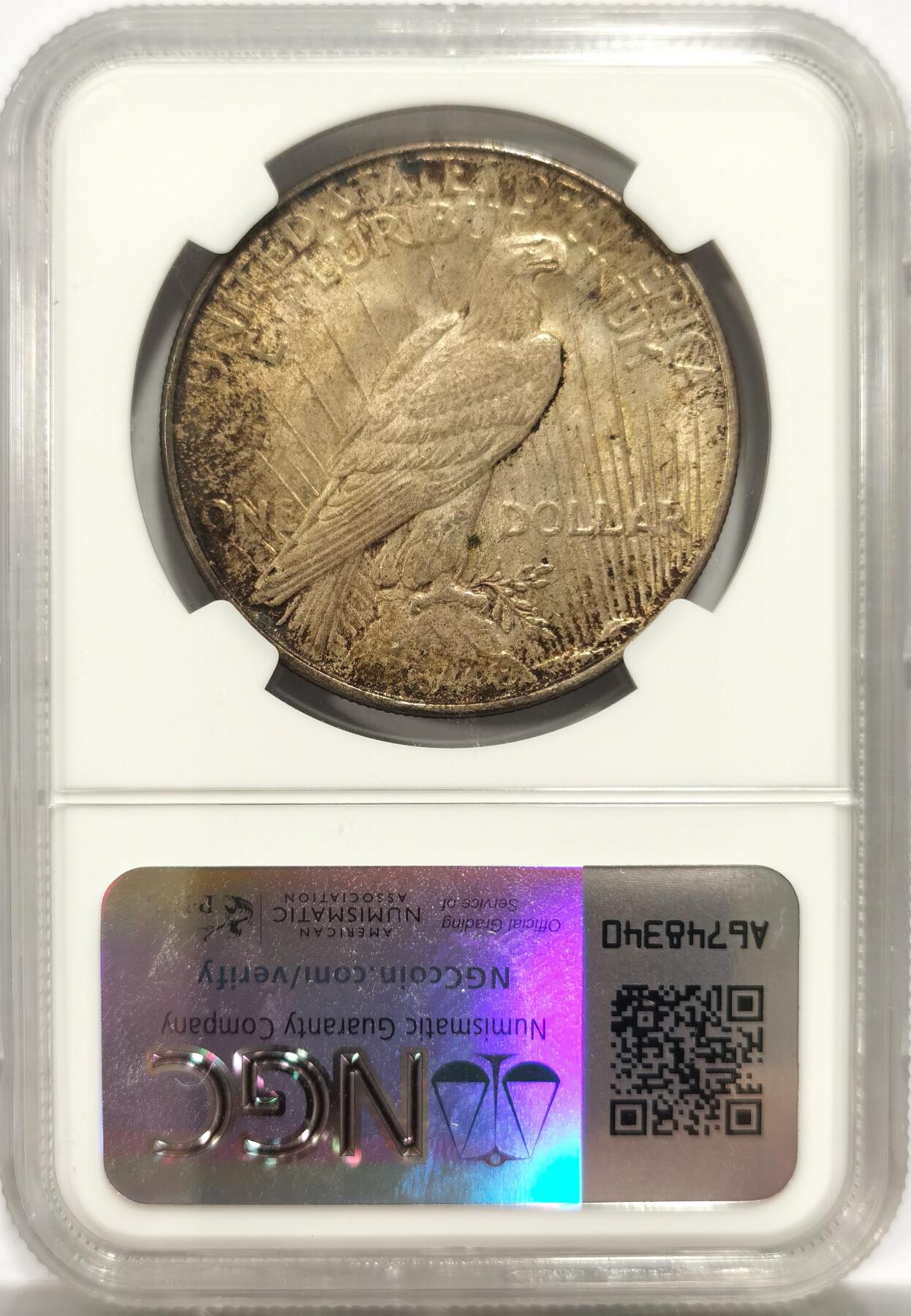 博洋堂世界钱币拍卖第143期（全场包邮） NGC MS64 美国1922年和平银币，双面酱彩，难得一见的状态。