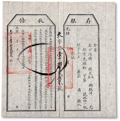 泓盛2025年秋季拍卖会 纸币 - 光绪年（1907年）农工商部奏办京师自来水有限公司招股收条，带存根，内有水印，正面钤有“商办京师自来厂有限公司之关防”大印一方及官印多枚，保存较好