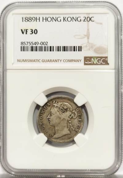 博洋堂世界钱币拍卖第143期（全场包邮） - NGC VF30 维多利亚香港贰毫1889H，深打原味包浆，1889H有分非常难得，低评