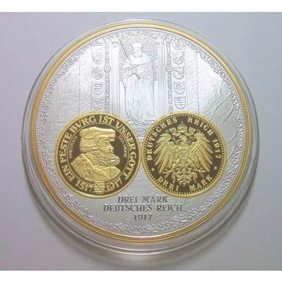 【艺术】德国艺术大章 帝国最后的三马克 高浮雕精制超大镀金镀银章 带证书 70MM 137克 - 【艺术】德国艺术大章 帝国最后的三马克 高浮雕精制超大镀金镀银章 带证书 70MM 137克