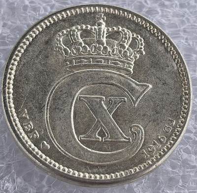 外国优质纪念币银币，周六晚上九点倒数截拍，满百包邮，可寄存半年，喜欢朋友微信扫描二维码可直接参拍 - 丹麦1916年25欧尔银币