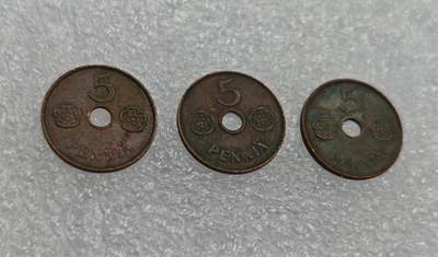 瓶子🏺第212期拍卖会  二战时期1941-1943年俄占芬兰5盆尼铜币3枚