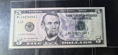 Unc 美国纸币 2013年 5美元纸币  Unc 美国纸币 2013年 5美元纸币 