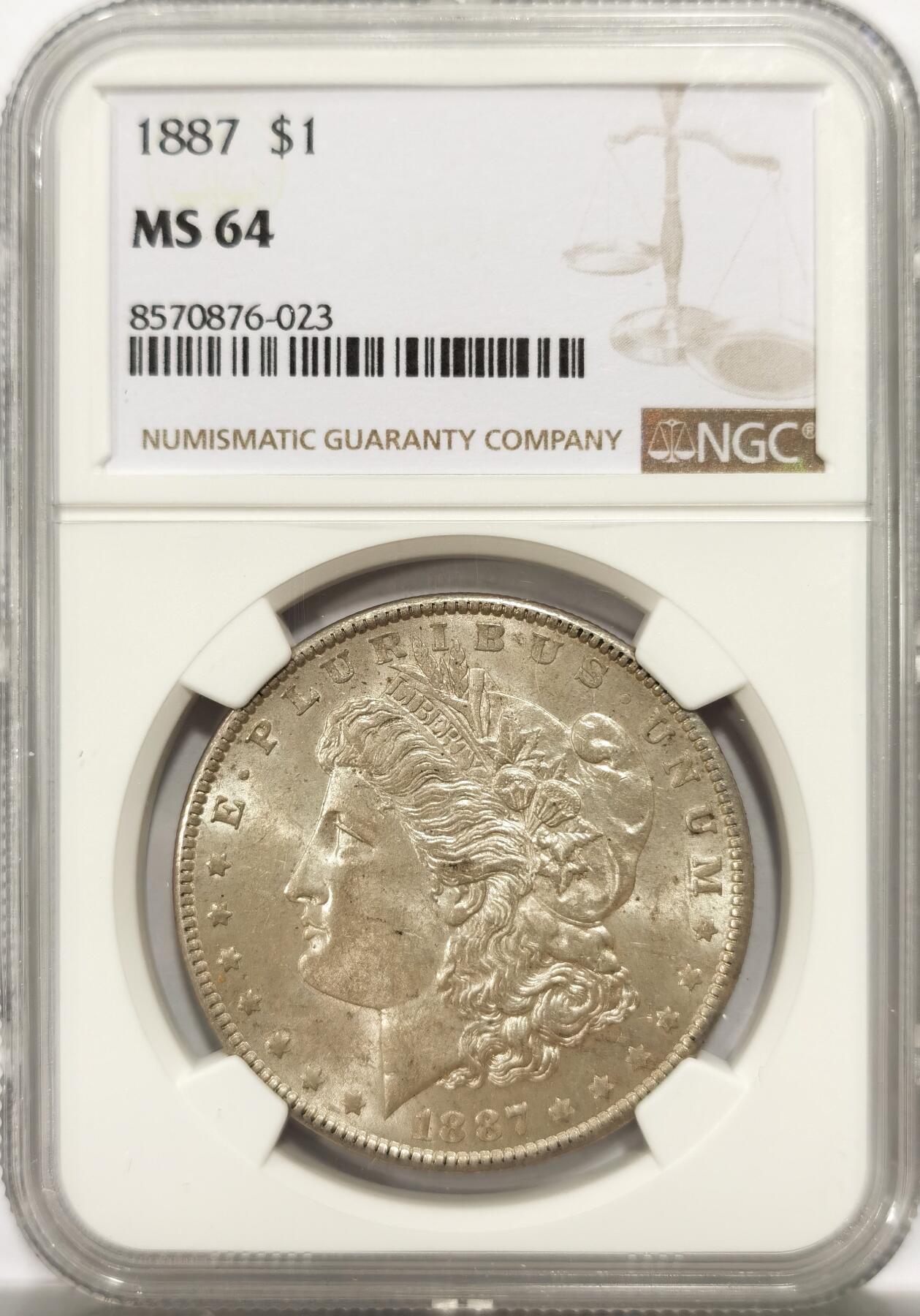 博洋堂世界钱币拍卖第143期（全场包邮） NGC MS64 美国1887摩根银元，转光犀利，底板干净，不错的状态