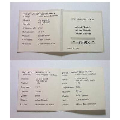 【旋风钱币】10月25日19:00准时开拍 精美欧洲币章、第三帝国钱币、精美项链等 全场包邮 【艺术】德国艺术大章 科学泰斗爱因斯坦 高浮雕精制彩色超大镀金章 带证书 70MM 137克