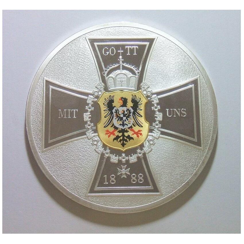 【艺术】德国艺术大章 三皇之年+三皇金币+鹰徽铁十字 高浮雕精制彩色超大镀银章 70MM 123克