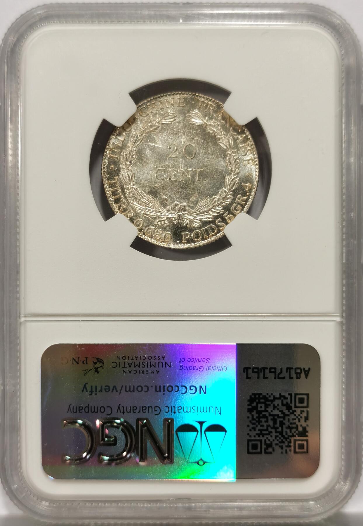 博洋堂世界钱币拍卖第143期（全场包邮） NGC MS63 1937法属印支坐洋20分，正面带五彩包浆，背面镜面底板，状态优秀的小毫子