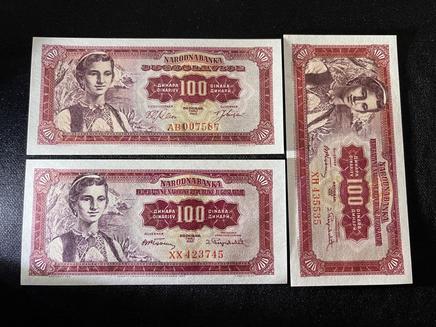 咖啡豆•收藏 2025年Oct_21th世界各国纸币拍卖 3枚 南斯拉夫 1955&1963年 100第纳尔 全新UNC 外国纸币