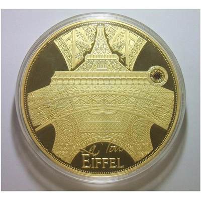 【旋风钱币】10月25日19:00准时开拍 精美欧洲币章、第三帝国钱币、精美项链等 全场包邮 【艺术】法国艺术大章 地标建筑埃菲尔铁塔 高浮雕精制彩色巨型镀金章 100MM 378克