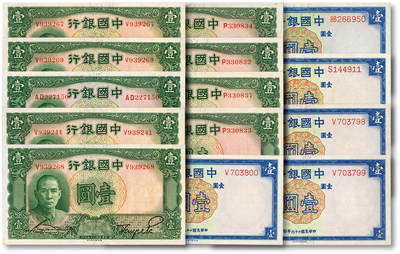 泓盛2025年秋季拍卖会 纸币 - 民国二十五年（1936年）中国银行德纳罗版1936年壹圆9枚、1937年壹圆5枚，共计14枚，部分连号，内含330833之倒影号，纸张硬挺，纹理清晰，色彩浓艳鲜明，八五至九八成新