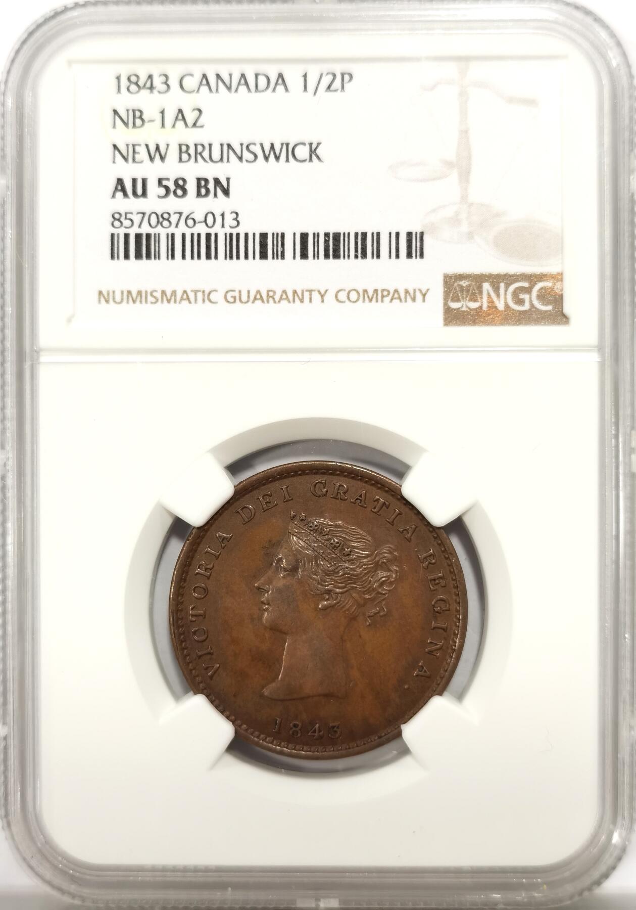博洋堂世界钱币拍卖第143期（全场包邮） NGC AU58 加拿大不伦瑞克半便士，实际上是未流通状态，不知道为啥没给MS，细节非常好，很少的品种，58也非常难得，帆船图案寓意扬帆起航，适合收藏