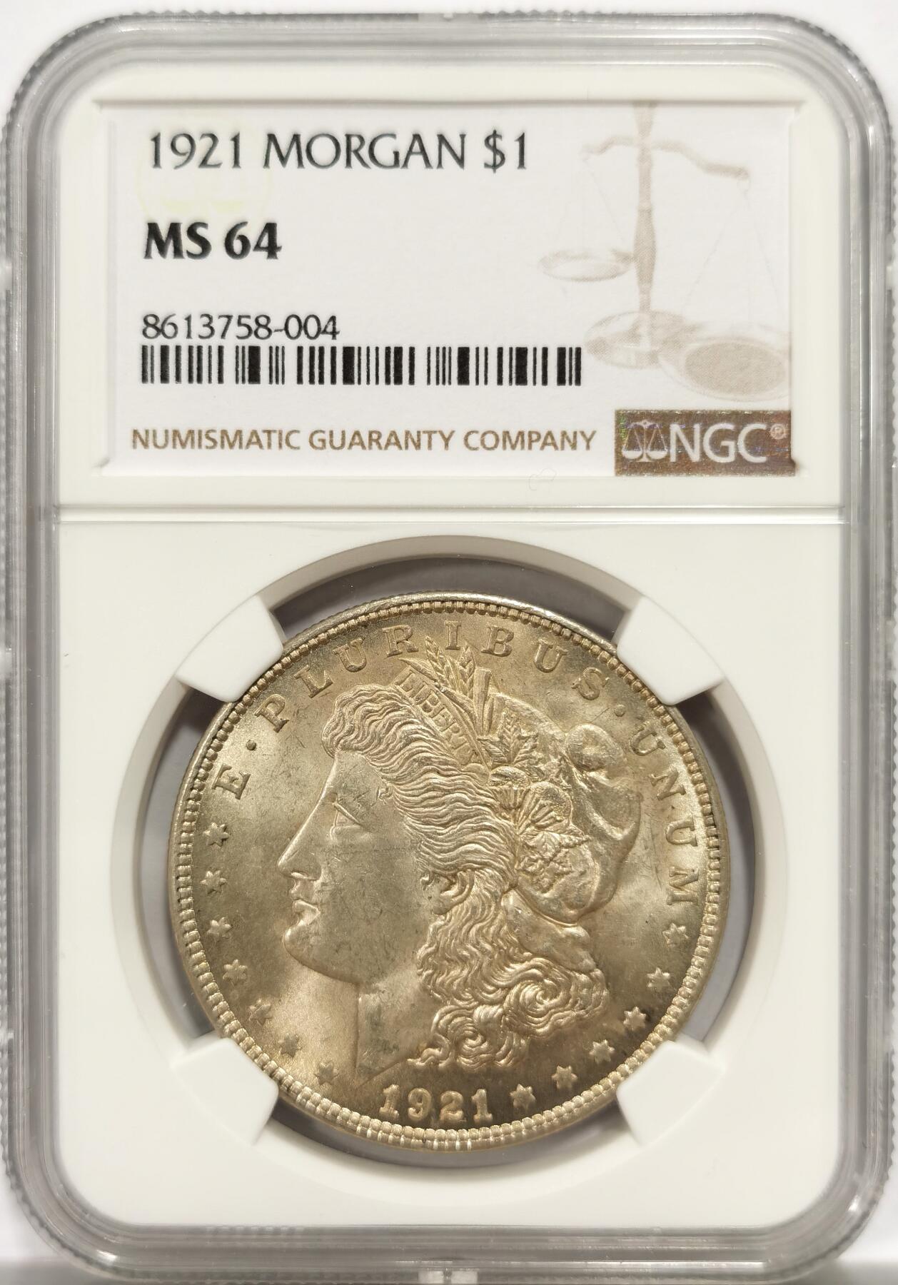 博洋堂世界钱币拍卖第143期（全场包邮） NGC MS64 美国1921年摩根银币，卷拆极品，银光闪烁，光度极佳。