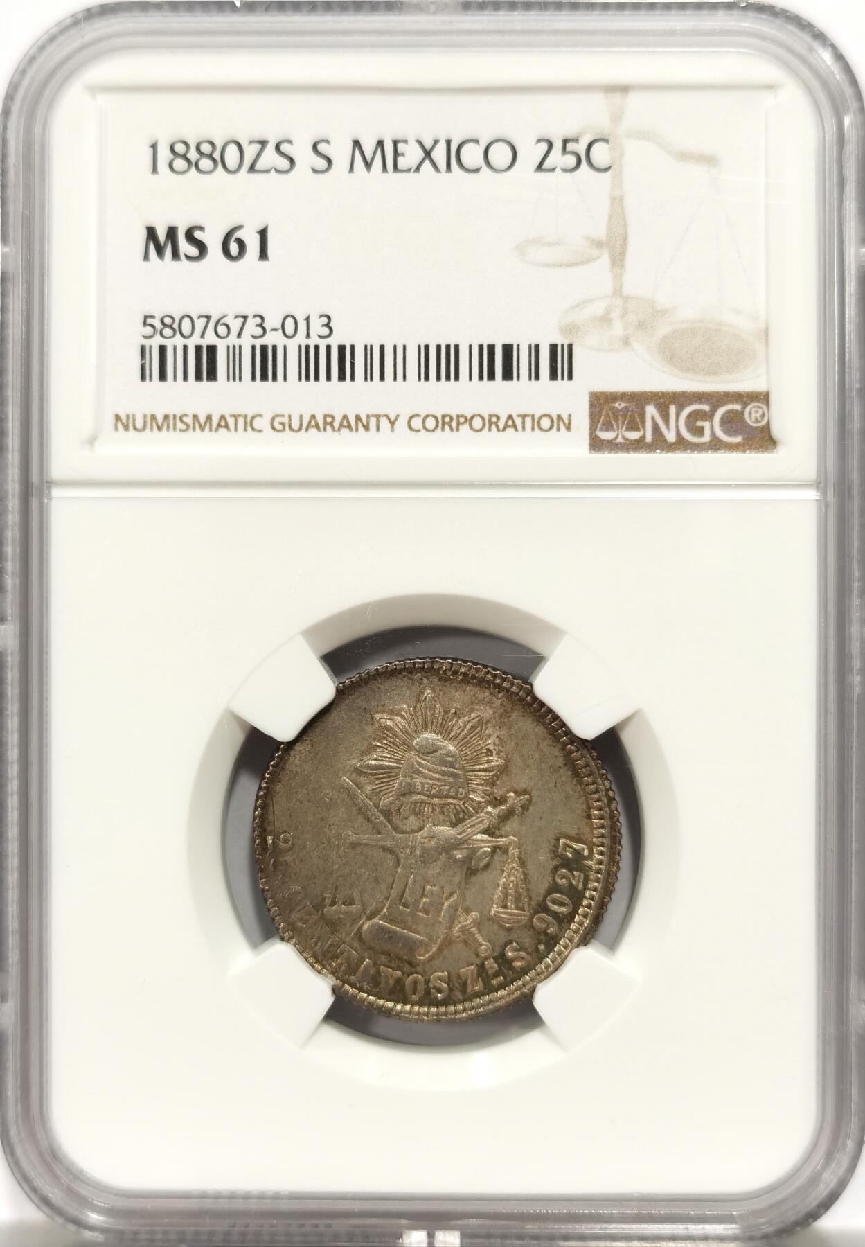 博洋堂世界钱币拍卖第143期（全场包邮） NGC MS61 墨西哥1880年ZS-S版天平鹰洋25分 稀少品种 五彩包浆 高评仅5枚