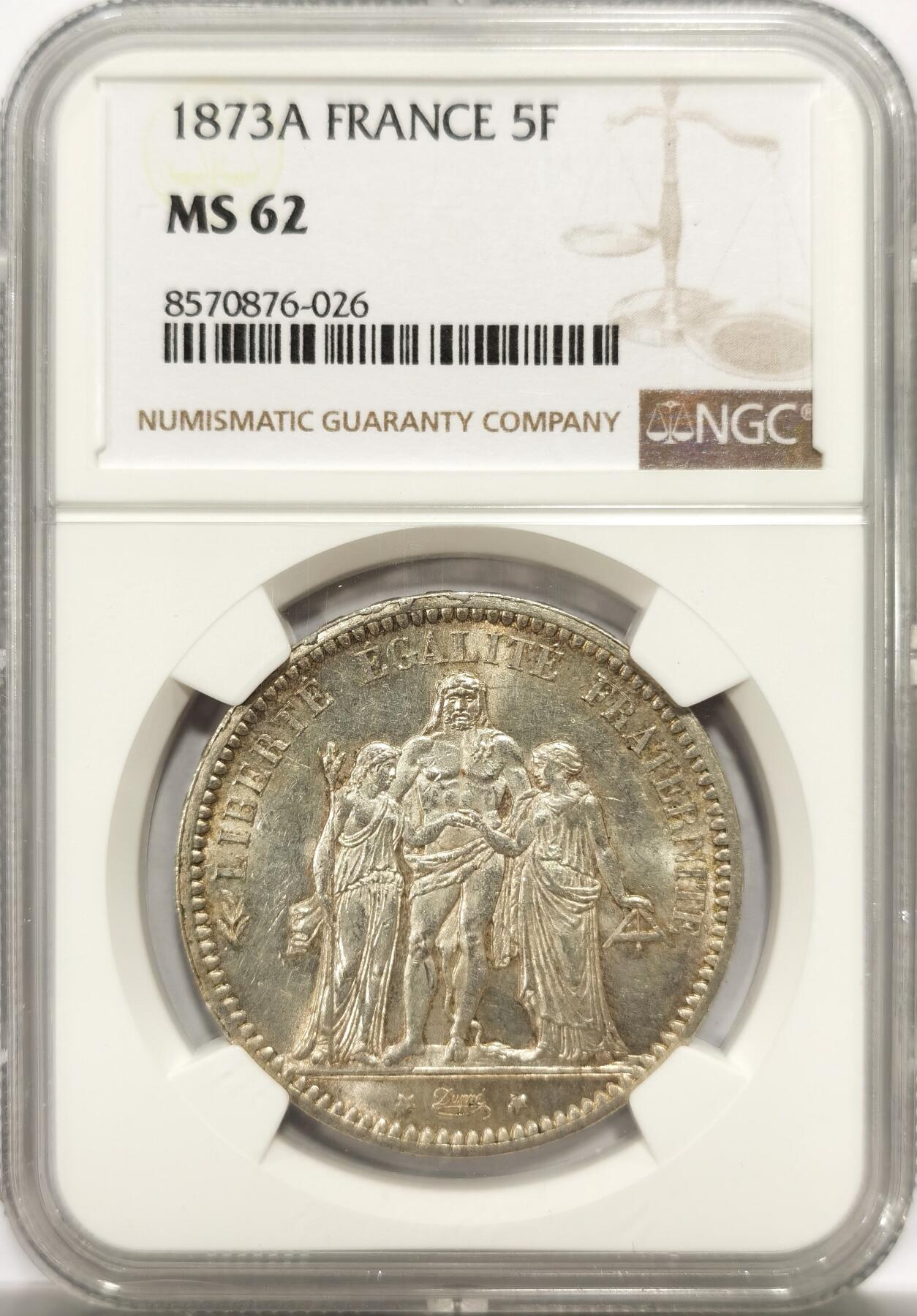 博洋堂世界钱币拍卖第143期（全场包邮） NGC MS62 法国1873年大力神5法郎，光度不错，经典大银