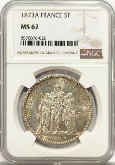 博洋堂世界钱币拍卖第143期（全场包邮） - NGC MS62 法国1873年大力神5法郎，光度不错，经典大银