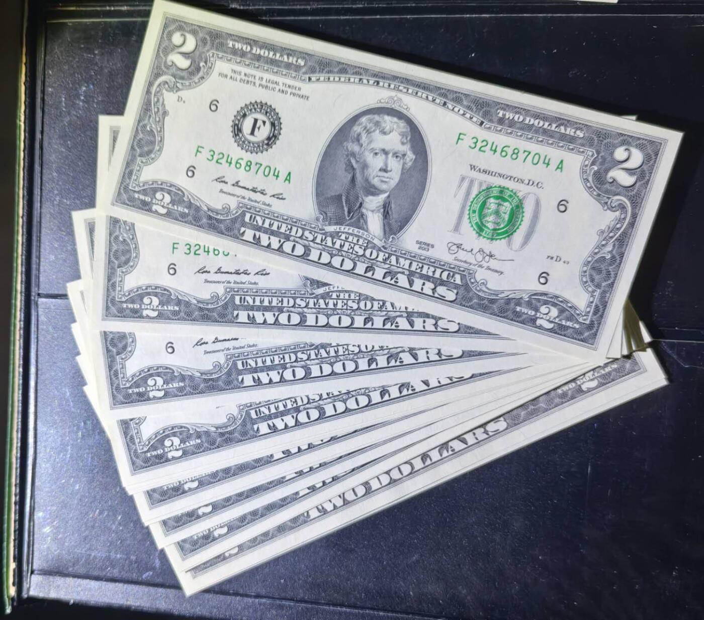 Unc 美国纸币 2013年 2美元纸币 部分连号 