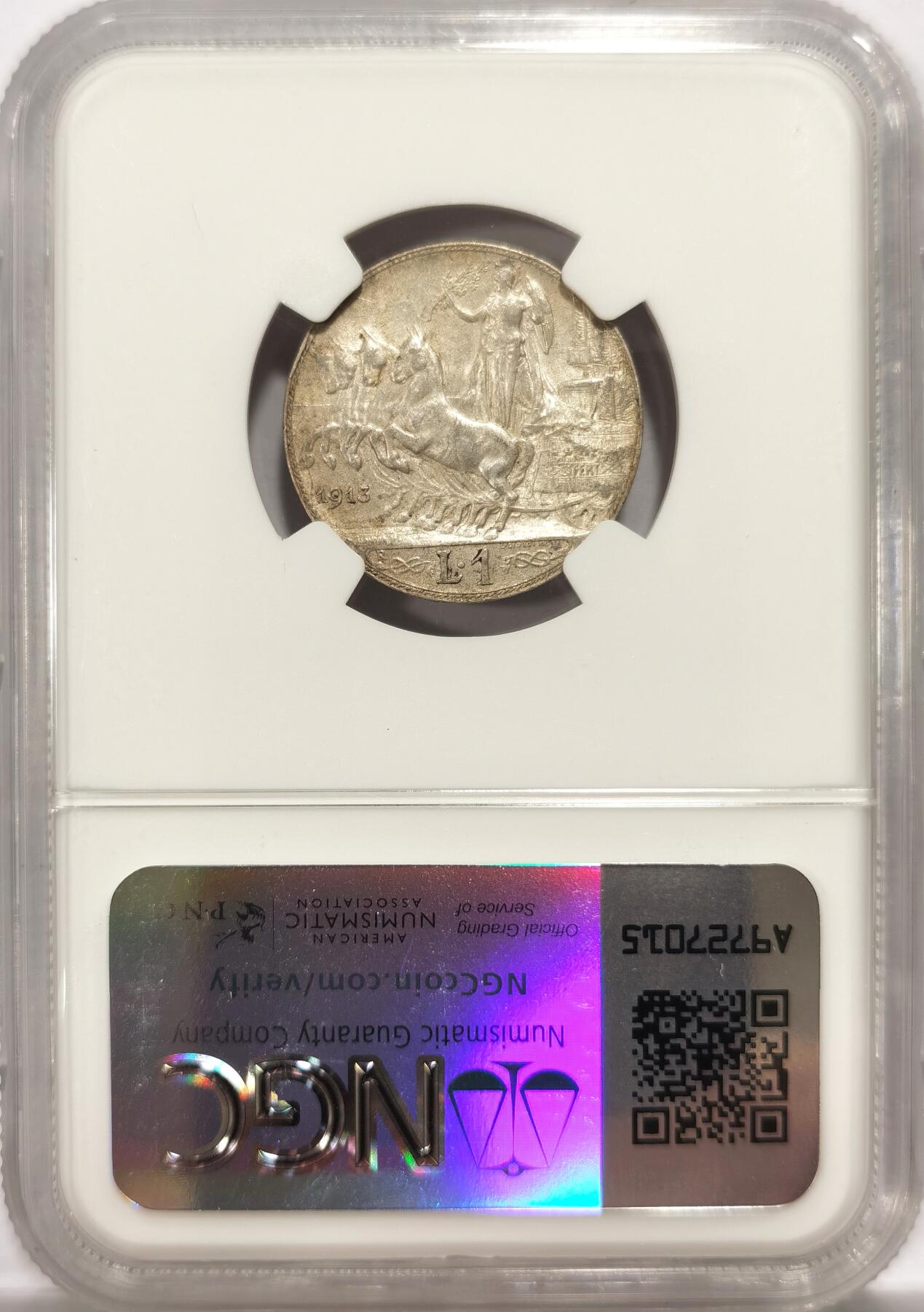 博洋堂世界钱币拍卖第143期（全场包邮） NGC MS63 意大利1913R圈版马车里拉，63以上的比较少见，比后期版少很多