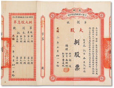 泓盛2025年秋季拍卖会 纸币 - 光绪改宣统三年正月初一日（1911年）商办川省川汉铁路有限公司股票，桔红色大股捌股票（每股库平银伍两），票上显示该票“股东永记系本省成都县”，背盖“第四次股东会验讫”戳记，此为实发票，乃属首见，于上海泓盛拍卖首次面世；图案十分美观，九成新